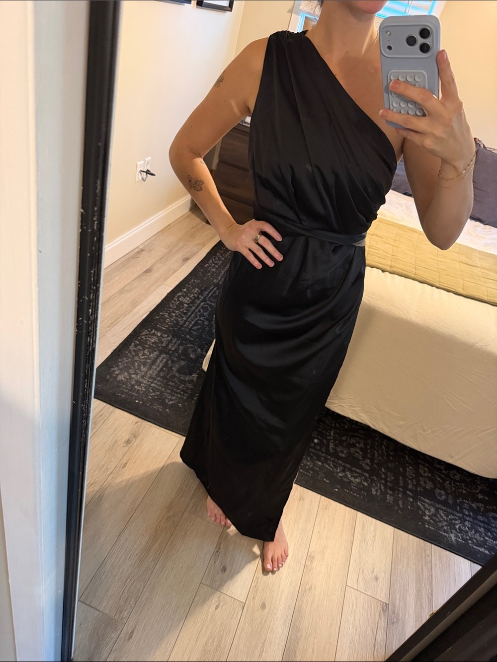 Petal & Pup Black One-Shoulder Draped Evening Dress